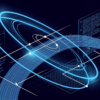 Abstract illustration depicting orbital paths intersecting with code architecture, representing Anthropic and SpaceX partnership