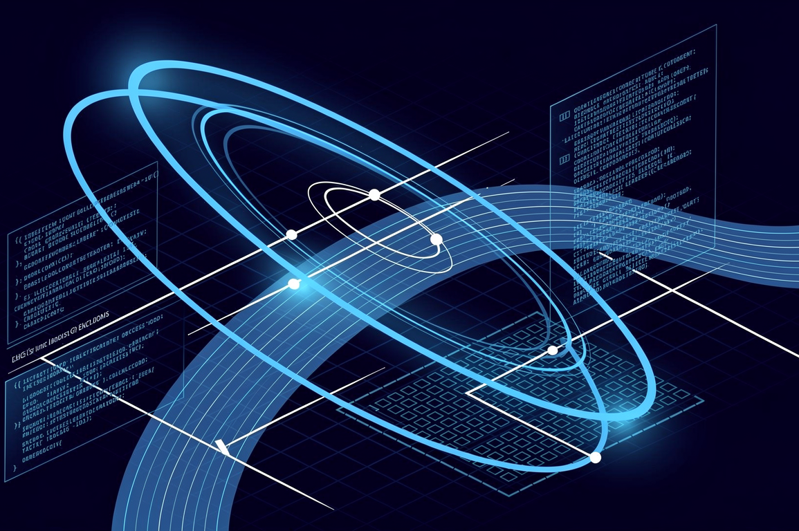 Abstract illustration depicting orbital paths intersecting with code architecture, representing Anthropic and SpaceX partnership