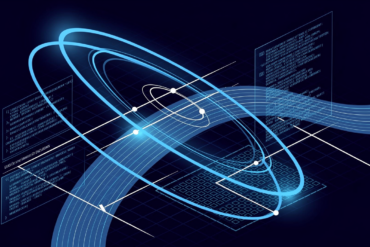 Abstract illustration depicting orbital paths intersecting with code architecture, representing Anthropic and SpaceX partnership