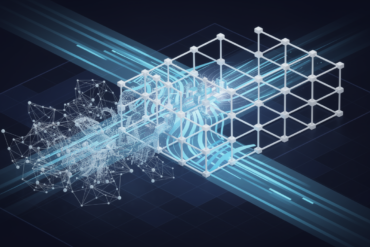 Abstract illustration of network infrastructure transforming from human-centric to machine-optimised architecture with geometric nodes and data streams