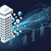 Abstract illustration depicting corporate restructuring with office building transforming into AI network nodes