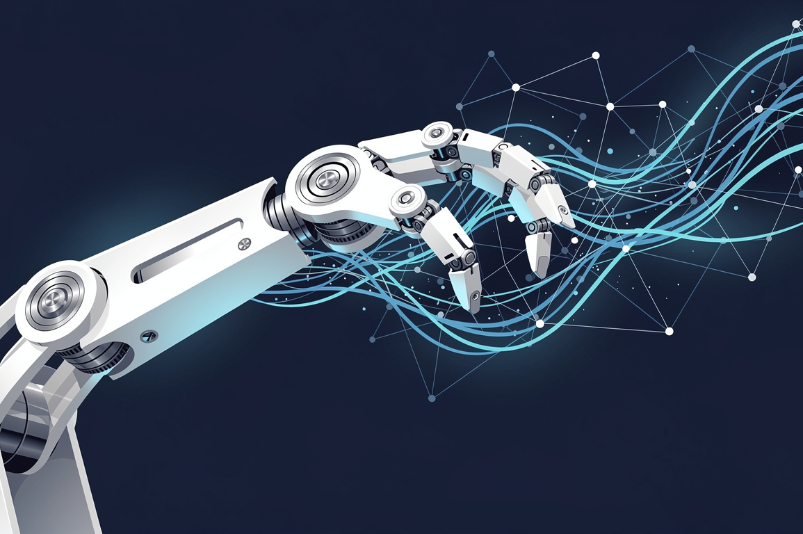Abstract illustration of robotic components merging with neural network architecture representing Genesis AI's physical AI system