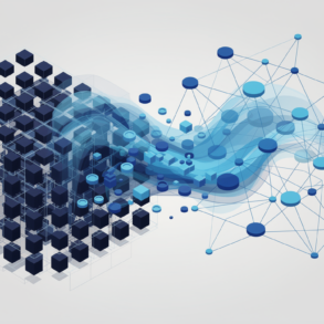 Abstract illustration depicting workforce transformation from traditional IT structure to AI-native organisation through geometric shapes and neural network patterns