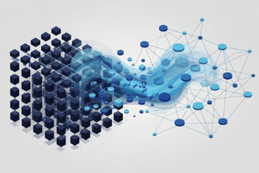 Abstract illustration depicting workforce transformation from traditional IT structure to AI-native organisation through geometric shapes and neural network patterns