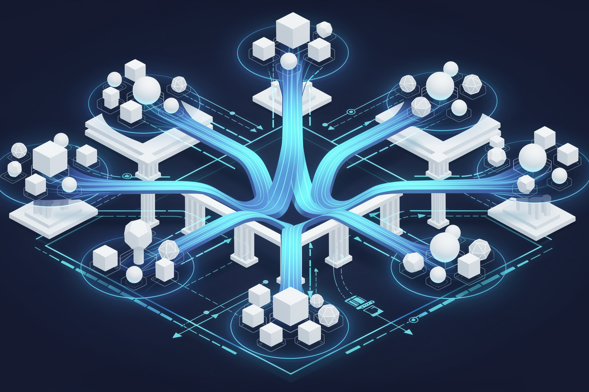 Abstract illustration of agentic AI architecture with autonomous pathways processing search queries