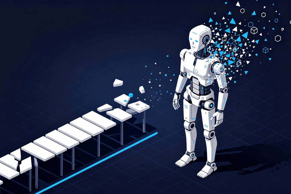 Abstract illustration of incomplete AI agent represented by dissolving geometric forms, symbolising adoption challenges