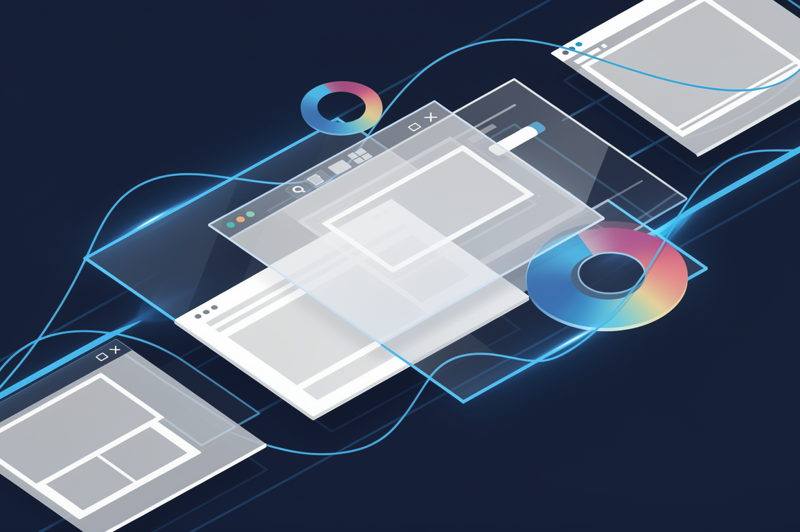 Abstract illustration of AI-powered design software interfaces with geometric shapes and digital creative tools