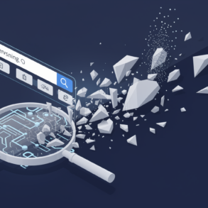 Abstract illustration depicting a fragmented search interface with broken connections between user queries and results