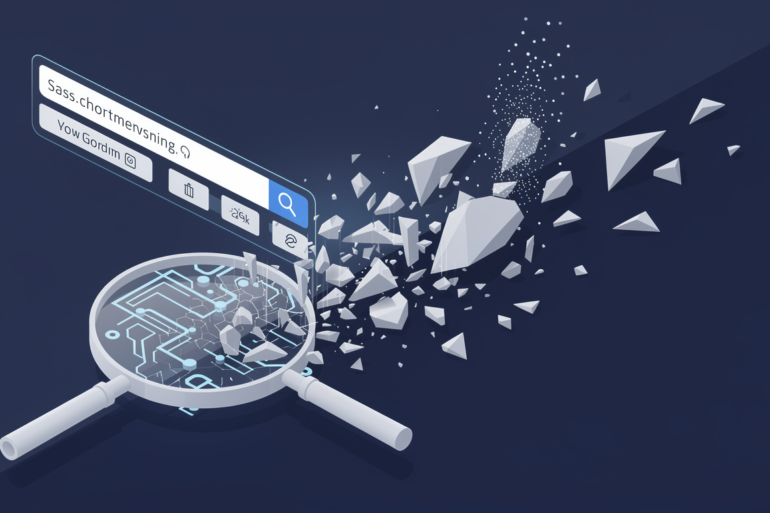Abstract illustration depicting a fragmented search interface with broken connections between user queries and results