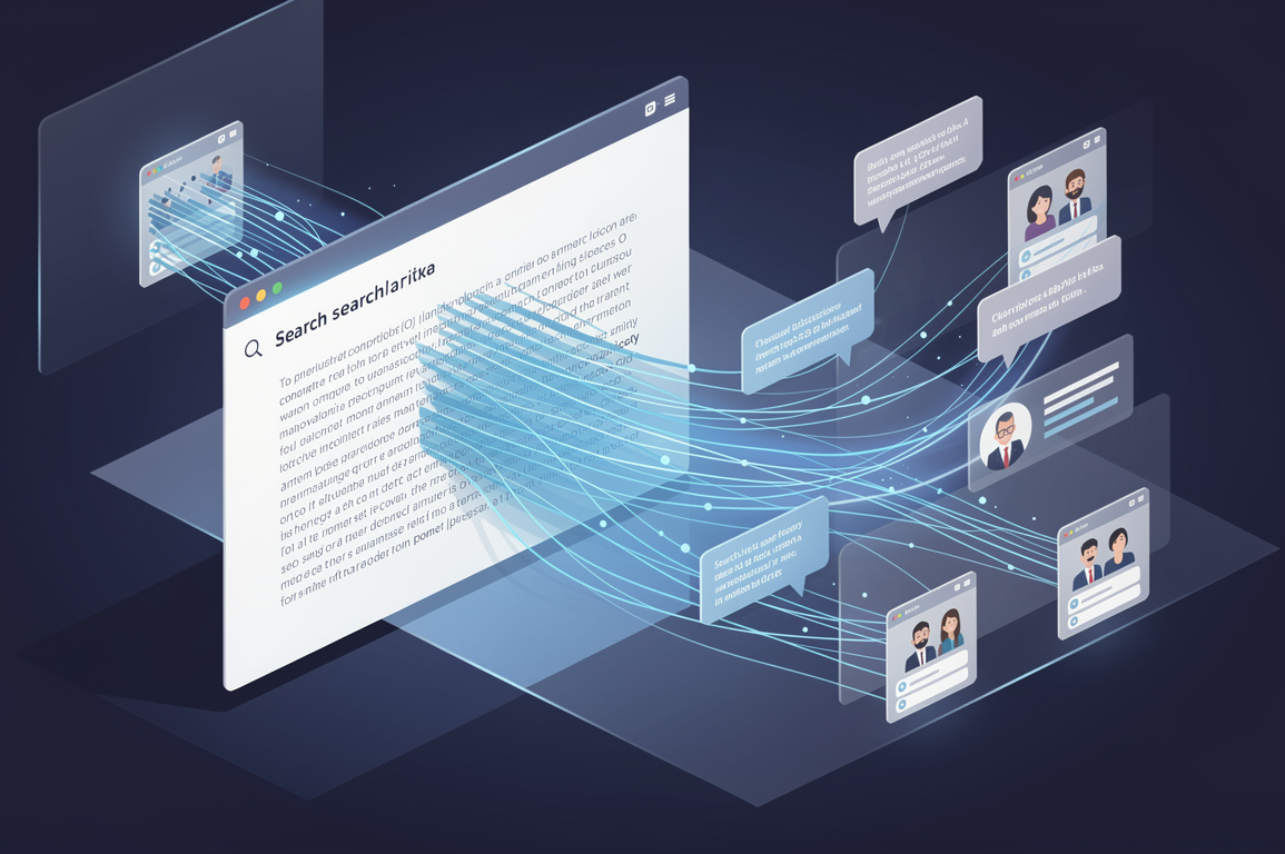 Editorial illustration depicting AI search interface synthesising content from discussion forums