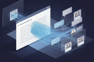 Editorial illustration depicting AI search interface synthesising content from discussion forums