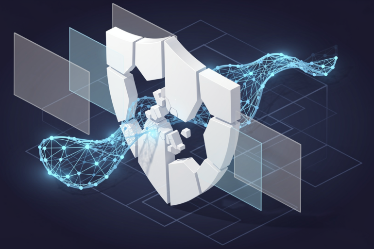 Abstract illustration of fragmented security shield with AI network patterns revealing enterprise vulnerability gaps