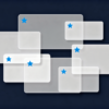 Abstract illustration depicting multiple overlapping interface windows with AI icons representing feature bloat in software applications