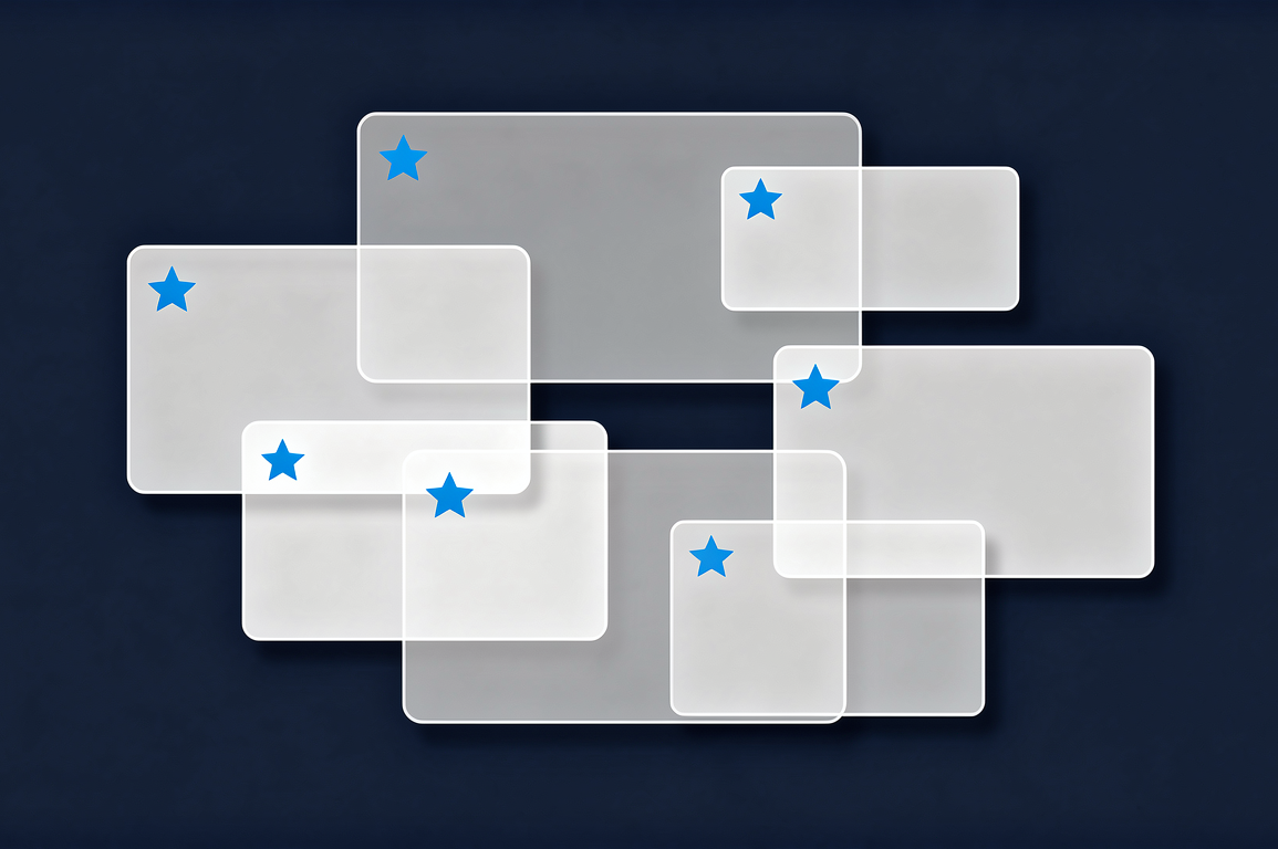 Abstract illustration depicting multiple overlapping interface windows with AI icons representing feature bloat in software applications