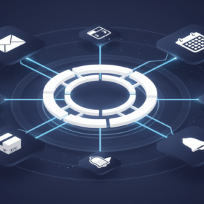 Abstract illustration of AI assistant automating tasks with connected workflow elements