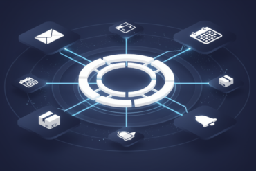 Abstract illustration of AI assistant automating tasks with connected workflow elements