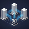 Abstract illustration of three connected structures representing AI companies participating in national security testing framework