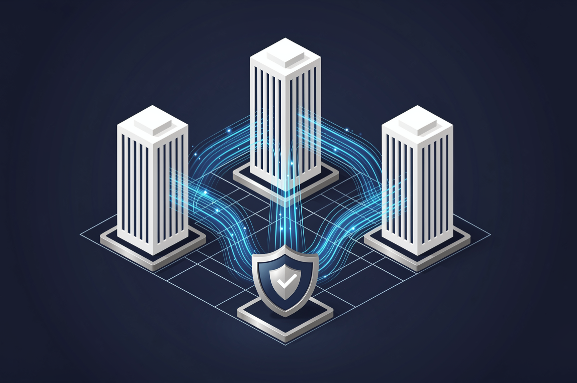 Abstract illustration of three connected structures representing AI companies participating in national security testing framework