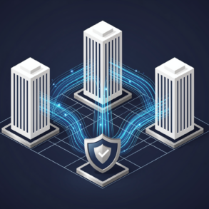 Abstract illustration of three connected structures representing AI companies participating in national security testing framework