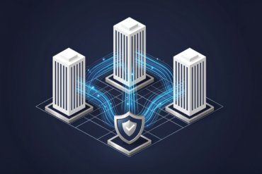 Abstract illustration of three connected structures representing AI companies participating in national security testing framework