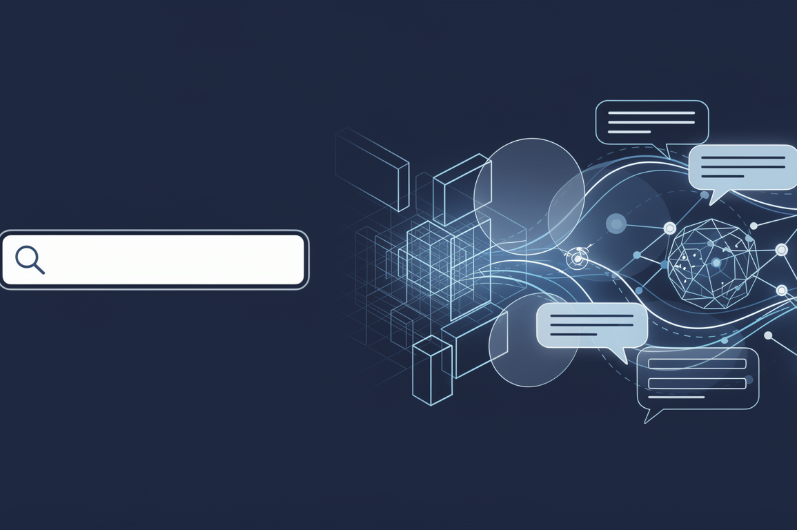 Abstract illustration depicting Google's search interface evolution from traditional search box to AI-powered conversational interface