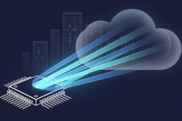 Abstract illustration depicting transition from AI chip hardware to cloud-based inference services with geometric chip forms dissolving into flowing data streams