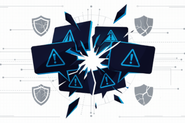Abstract illustration depicting AI chatbot security vulnerability with fragmented speech bubbles and warning symbols