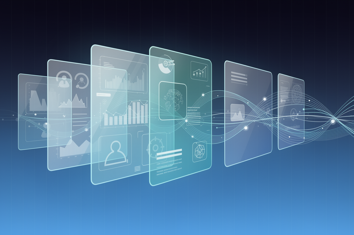 Abstract illustration depicting unified AI interface platform with layered geometric panels and connected data streams