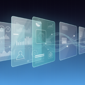 Abstract illustration depicting unified AI interface platform with layered geometric panels and connected data streams