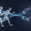 Abstract illustration depicting human movement data being collected and transformed into robotic training information