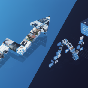 Editorial illustration depicting image AI models outperforming chatbots in app downloads through contrasting upward and downward trending arrows