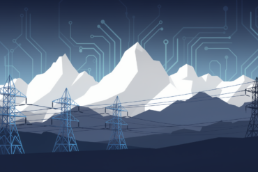 Editorial illustration depicting power transmission infrastructure overlaid on mountain landscape representing Lake Tahoe energy grid challenges
