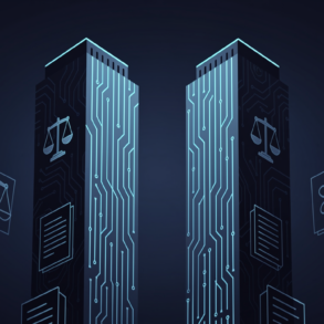 Abstract illustration of competing legal AI platforms represented by geometric towers with technology elements
