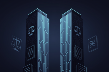 Abstract illustration of competing legal AI platforms represented by geometric towers with technology elements
