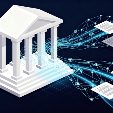 Abstract illustration of legal architecture merging with AI neural networks representing legal technology market consolidation