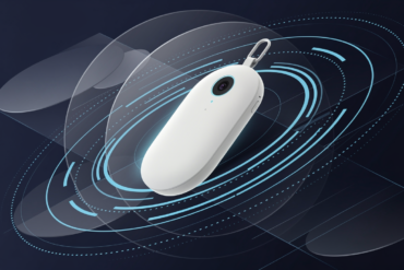 Editorial illustration of AI-powered pendant device with geometric data visualization elements