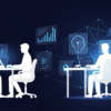 Abstract illustration depicting workers surrounded by AI interface elements, representing enterprise AI integration challenges