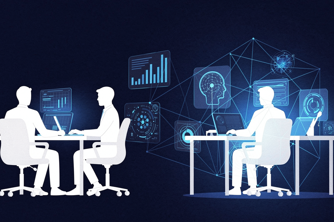 Abstract illustration depicting workers surrounded by AI interface elements, representing enterprise AI integration challenges