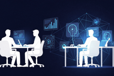 Abstract illustration depicting workers surrounded by AI interface elements, representing enterprise AI integration challenges