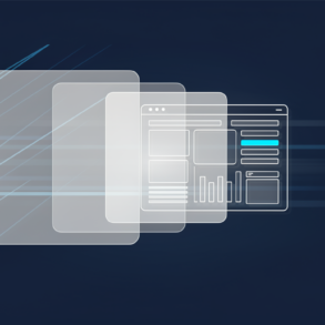 Abstract geometric illustration representing enterprise software performance improvements with layered interface elements and speed indicators