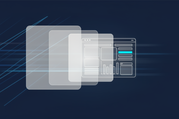 Abstract geometric illustration representing enterprise software performance improvements with layered interface elements and speed indicators