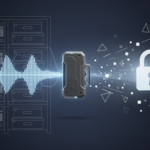 Editorial illustration depicting aviation voice recording data and security restrictions through abstract geometric composition