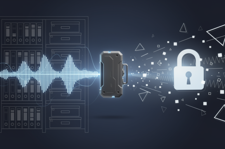 Editorial illustration depicting aviation voice recording data and security restrictions through abstract geometric composition