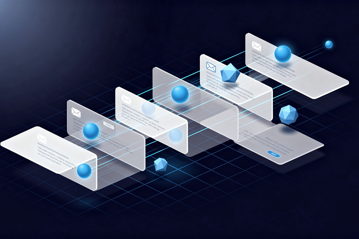 Abstract illustration of autonomous AI agents analysing email messages in layered digital space