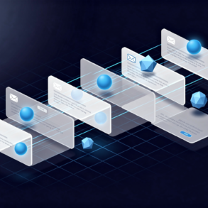 Abstract illustration of autonomous AI agents analysing email messages in layered digital space