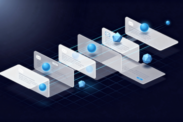 Abstract illustration of autonomous AI agents analysing email messages in layered digital space