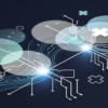 Abstract illustration depicting healthcare AI technology with geometric medical and data network elements in navy and blue tones