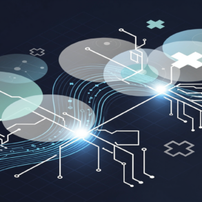 Abstract illustration depicting healthcare AI technology with geometric medical and data network elements in navy and blue tones