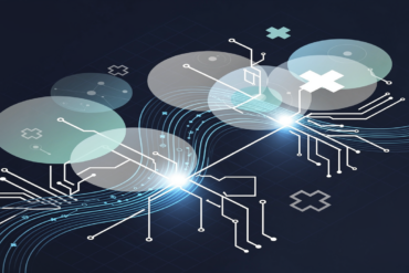 Abstract illustration depicting healthcare AI technology with geometric medical and data network elements in navy and blue tones