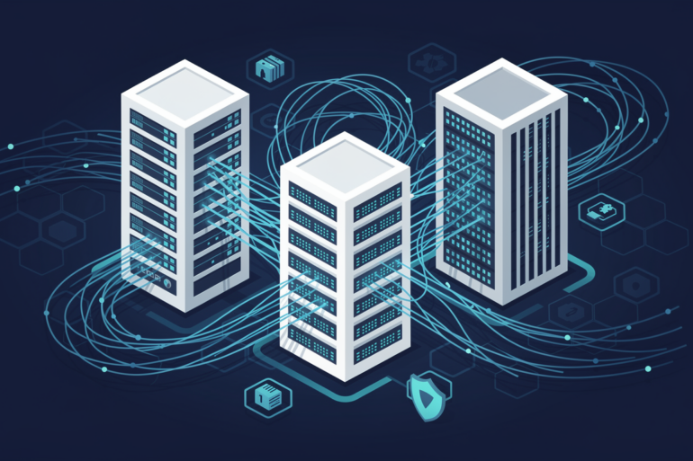 Illustration depicting three distinct AI infrastructure systems connected in secure network arrangement representing Pentagon's multi-vendor strategy